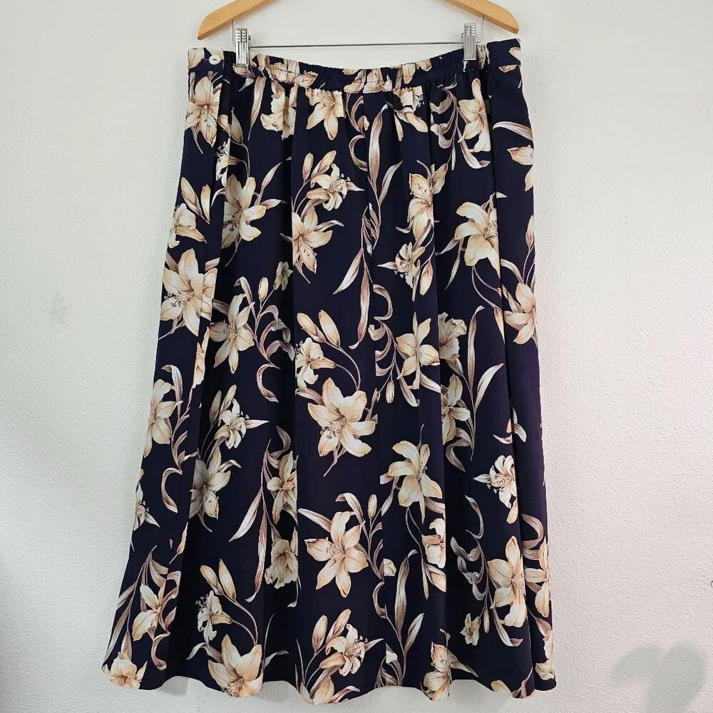 American Vintage Floral Lili Midi Skirt Sz 26W Navy Taupe Casual Work Boho Retro